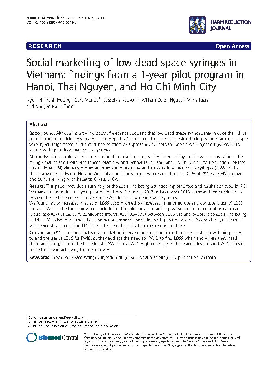 Social marketing of low dead space syringes in Vietnam: findings from a 1-year pilot program in Hanoi, Thai Nguyen, and Ho Chi Minh City