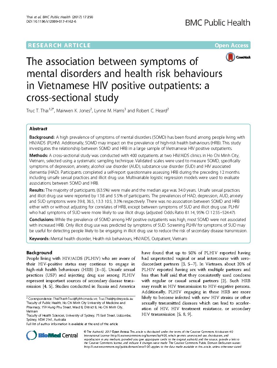 The association between symptoms of mental disorders and health risk behaviours