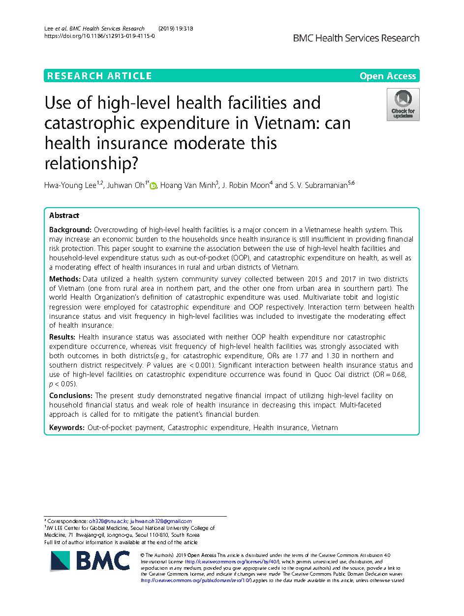 Use of high-level health facilities and catastrophic expenditure in Vietnam: can health insurance moderate this relationship?