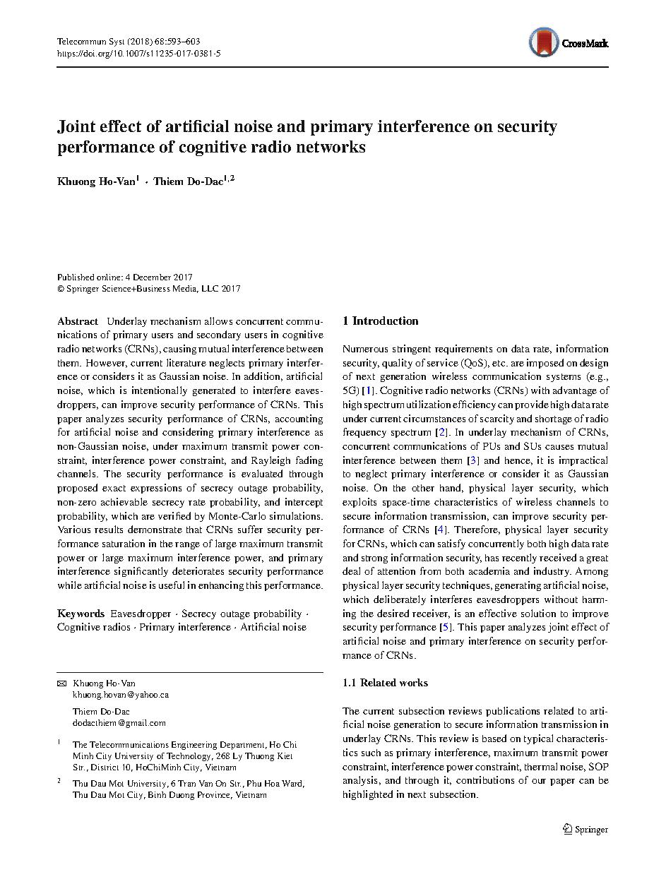 Joint effect of artiï¬cial noise and primary interference on security performance of cognitive radio networks