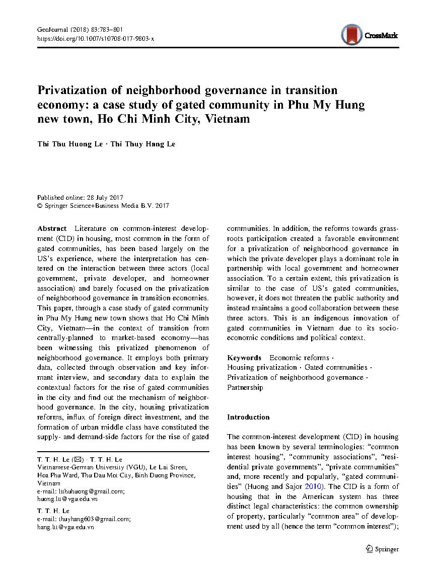 Privatization of neighborhood governance in transition economy: a case study of gated community in Phu My Hung new town, Ho Chi Minh City, Vietnam