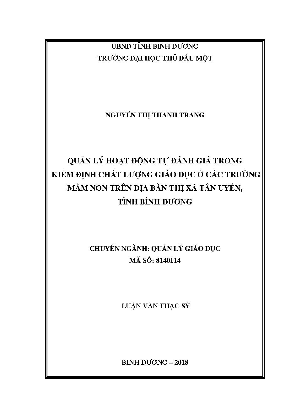 Quản lý hoạt động tự đánh giá trong kiểm định chất lượng giáo dục ở các trường mầm non trên địa bàn thị xã Tân Uyên, tỉnh Bình Dương