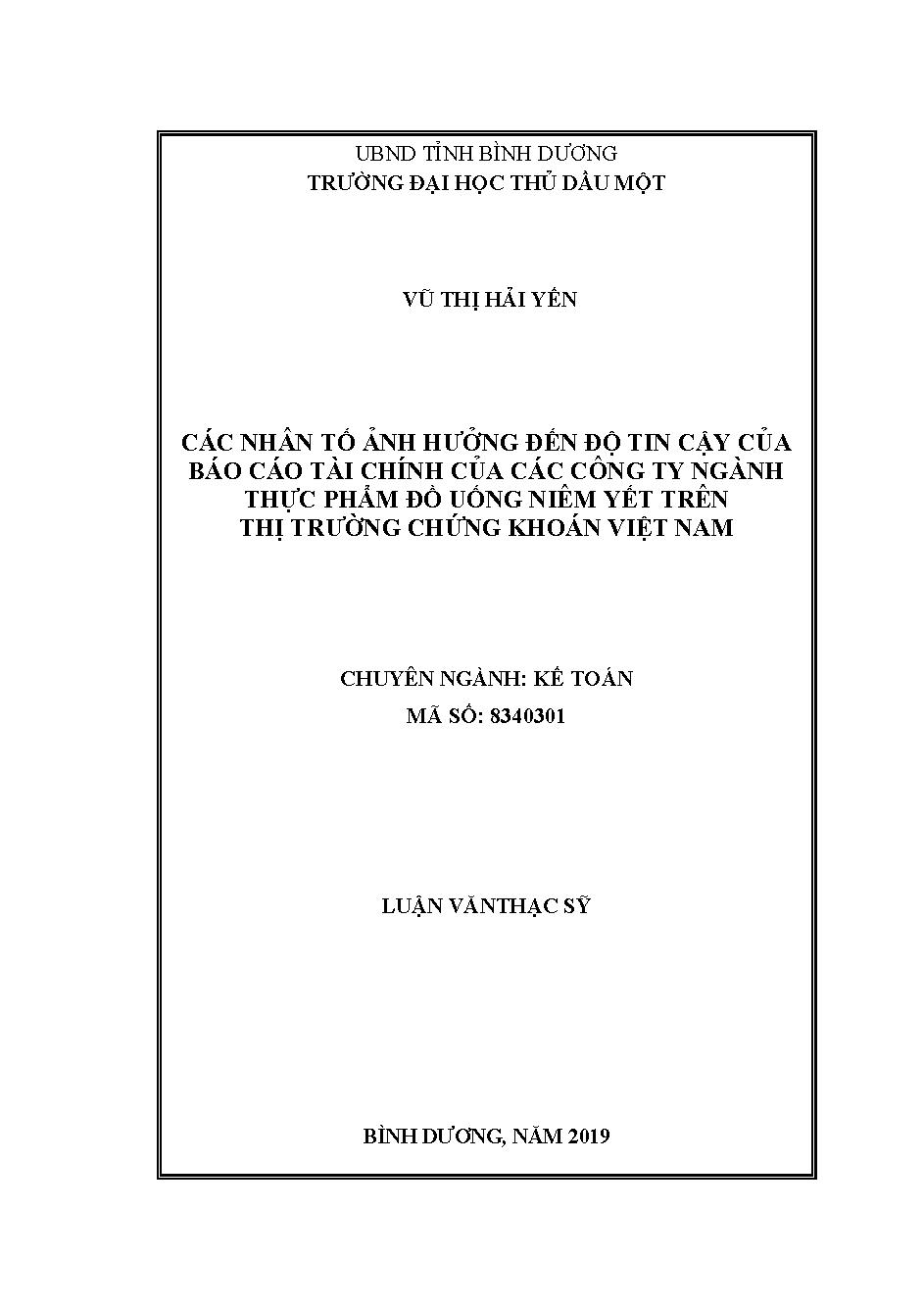 Các nhân tố ảnh hưởng đến độ tin cậy của báo cáo tài chính của các công ty ngành thực phẩm đồ uống niêm yết trên thị trường chứng khoán Việt Nam