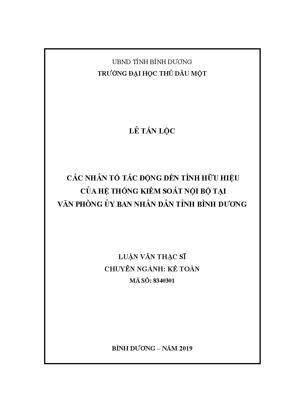 Các nhân tố tác động đến tính hữu hiệu của hệ thống kiểm soát nội bộ tại văn phòng ủy ban nhân dân tỉnh Bình Dương