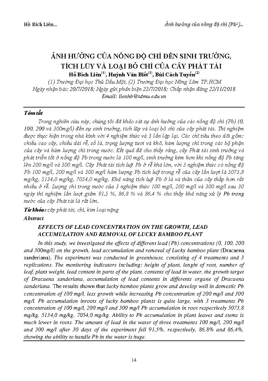 Ảnh hưởng của nồng độ chì đến sinh trưởng, tích lũy và loại bỏ chì của cây phát tài