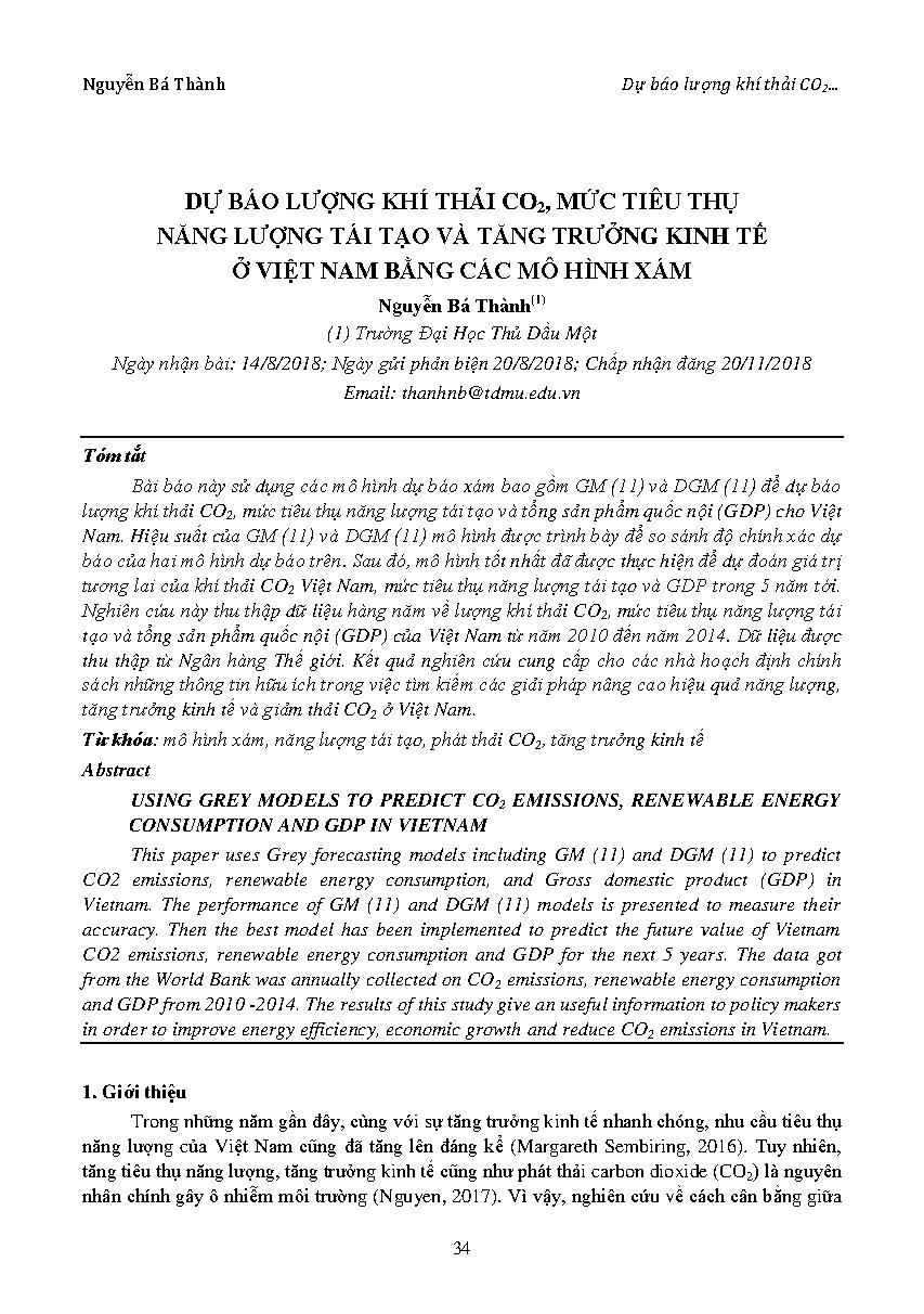 Dự báo lượng khí thải CO2, mức tiêu thụ năng lượng tái tạo và tăng trưởng kinh tế ở Việt Nam bằng các mô hình xám