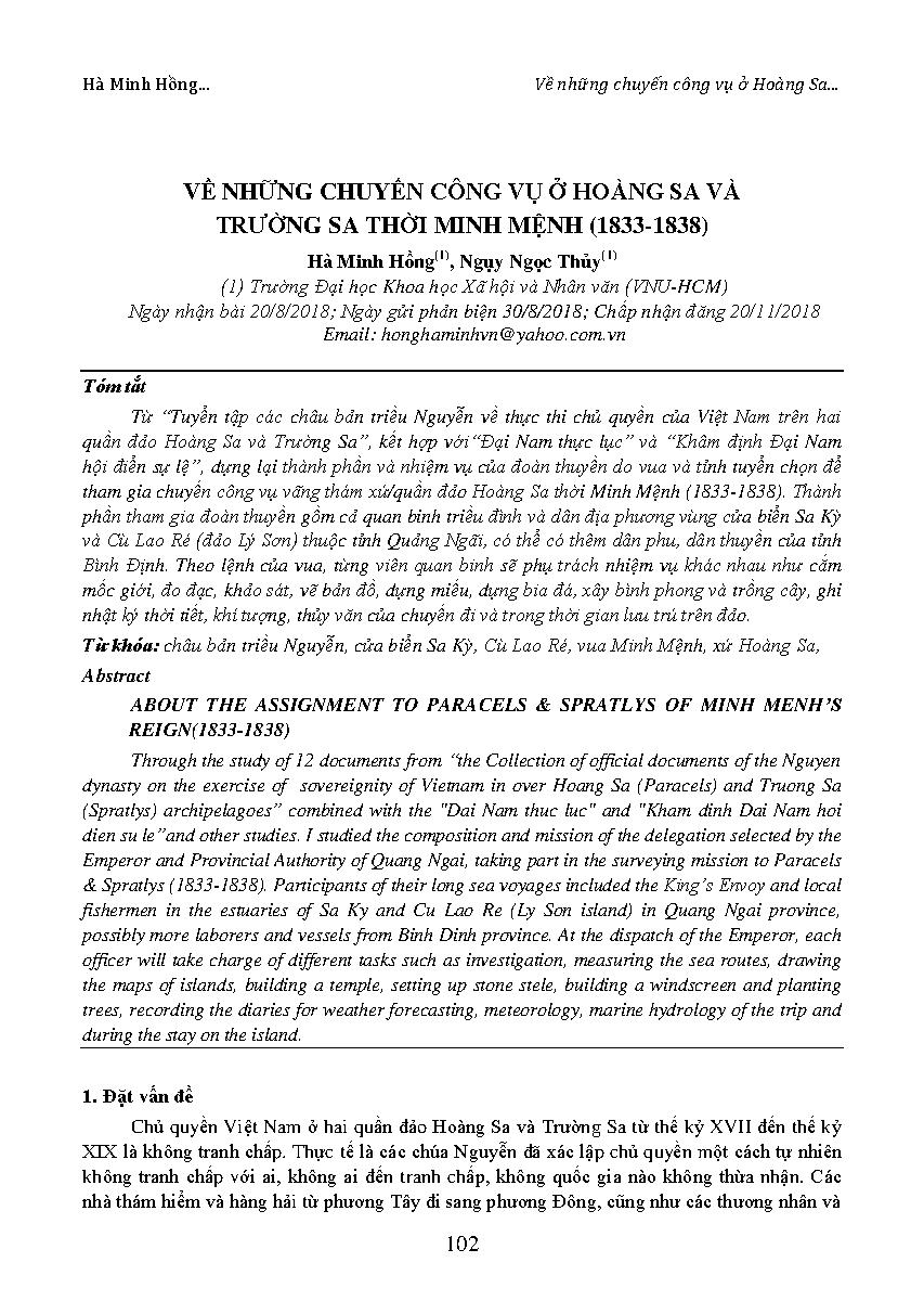 Về những chuyến công vụ ở Hoàng Sa và Trường Sa thời Minh Mệnh (1833-1838)
