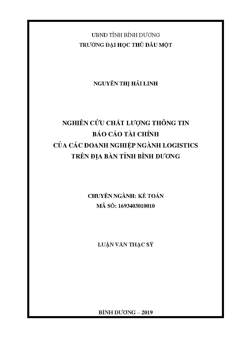 Nghiên cứu chất lượng thông tin báo cáo tài chính của các doanh nghiệp ngành logistics trên địa bàn tỉnh Bình Dương