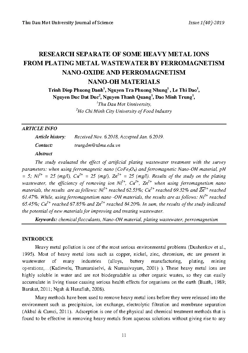 Research separate of some heavy metal ions from plating metal wastewater by ferromagnetism nano-oxide and  ferromagnetism nano-oh materials