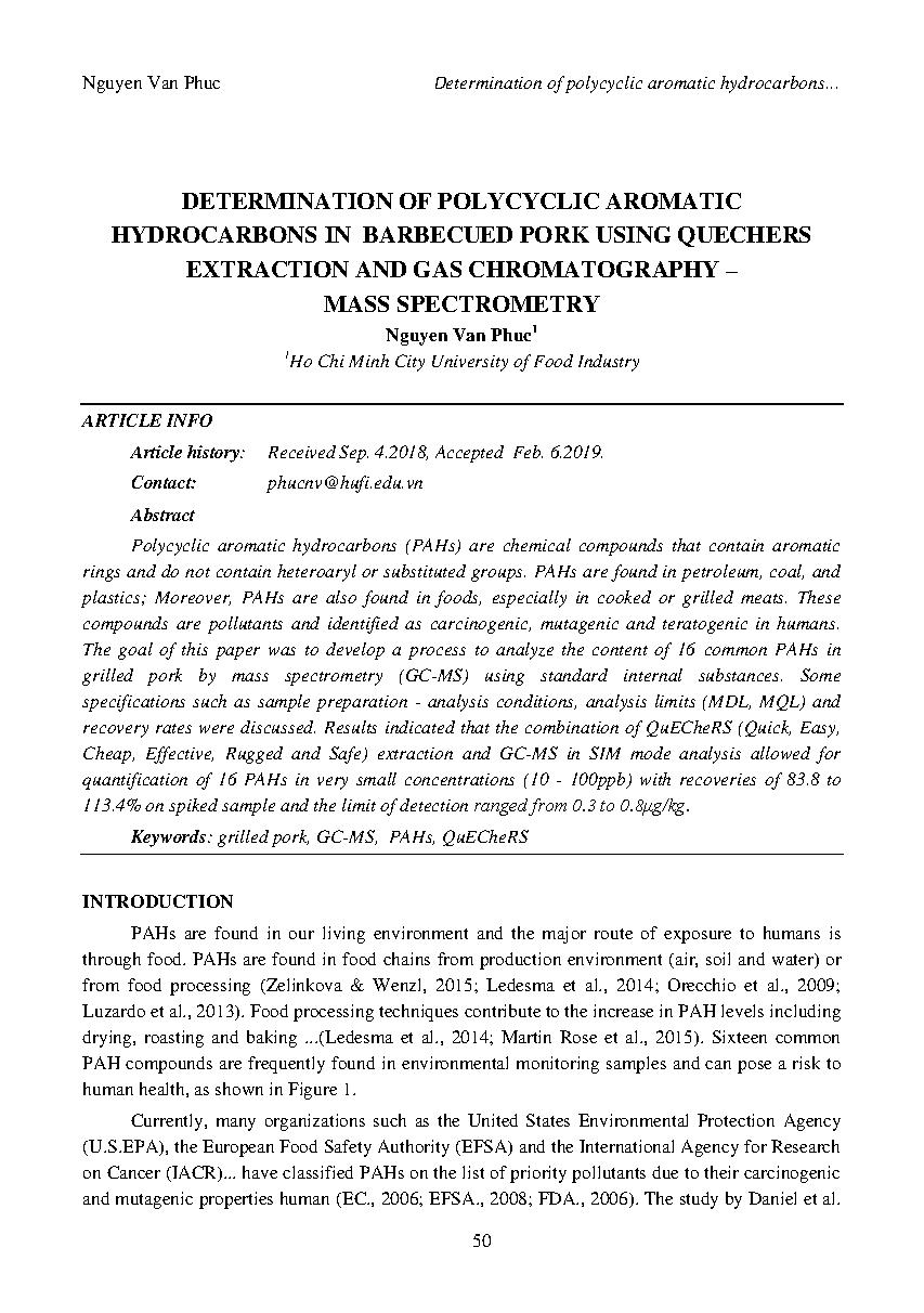 Determination of polycyclic aromatic hydrocacbons in barbecued pork using quechers extraction and gas chromatography-Mass spectrometry