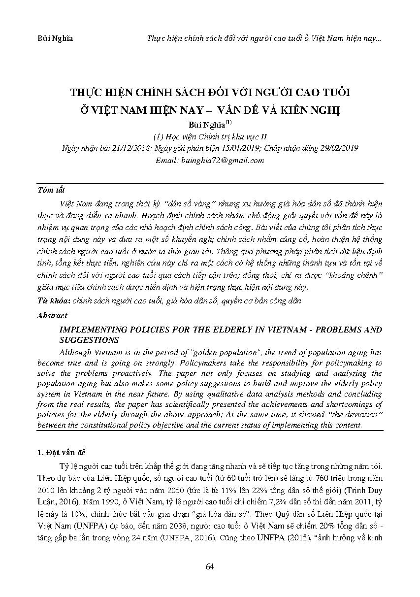 Thực hiện chính sách đổi mới với người cao tuổi ở Việt Nam hiện nay - Vấn đề và kiến nghị