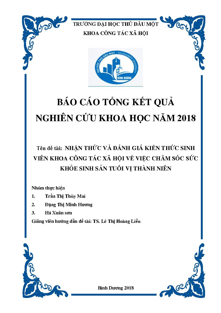 Nhận thức và đánh giá kiến thức sinh viên khoa công tác xã hội về việc chăm sóc sức khỏe sinh sản tuổi vị thành niên