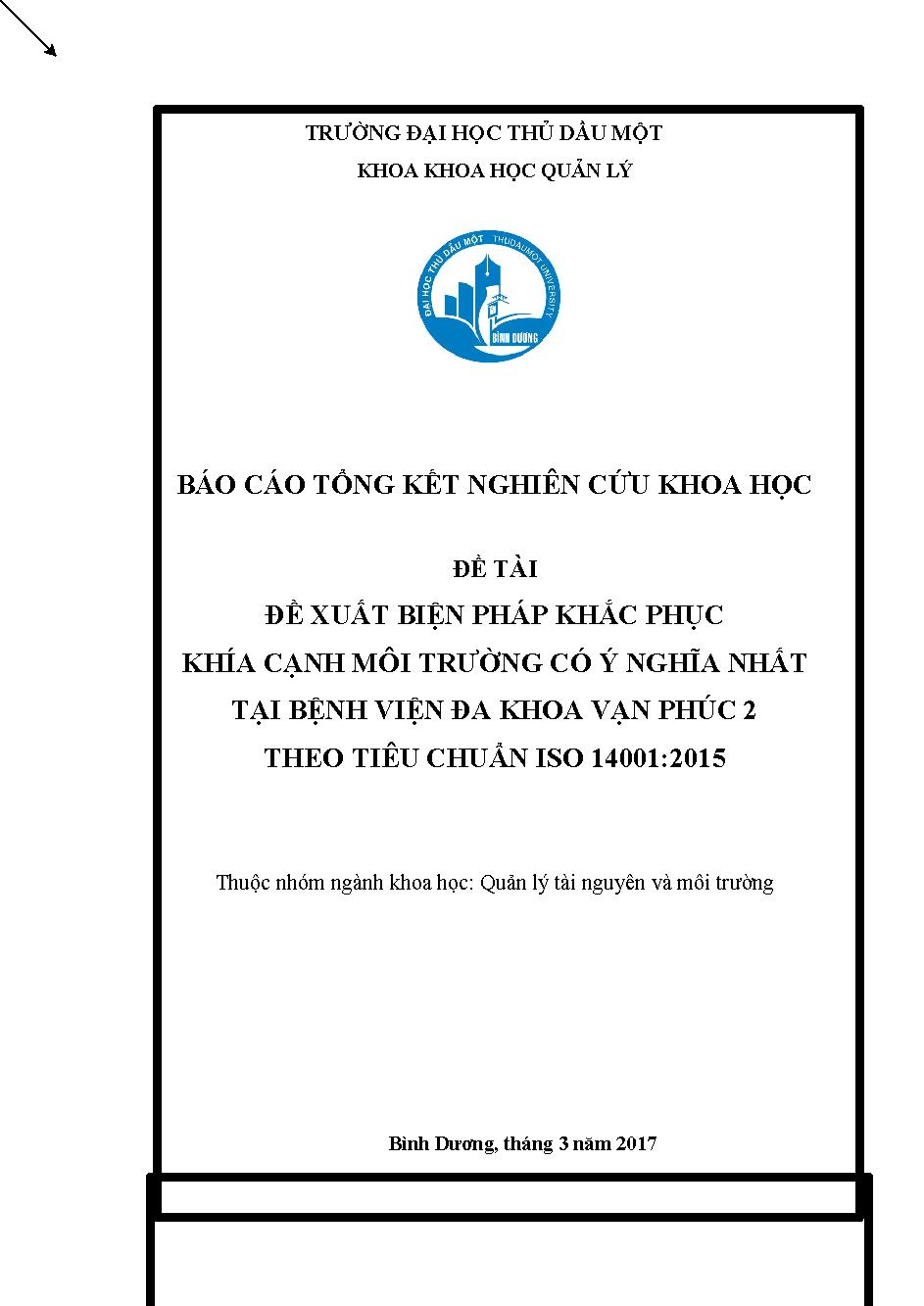 Đề xuất biện pháp khắc phục khía cạnh môi trường có ý nghĩa nhất tại bệnh viện đa khoa Vạn Phúc 2 theo tiêu chuẩn ISO 14001:2015