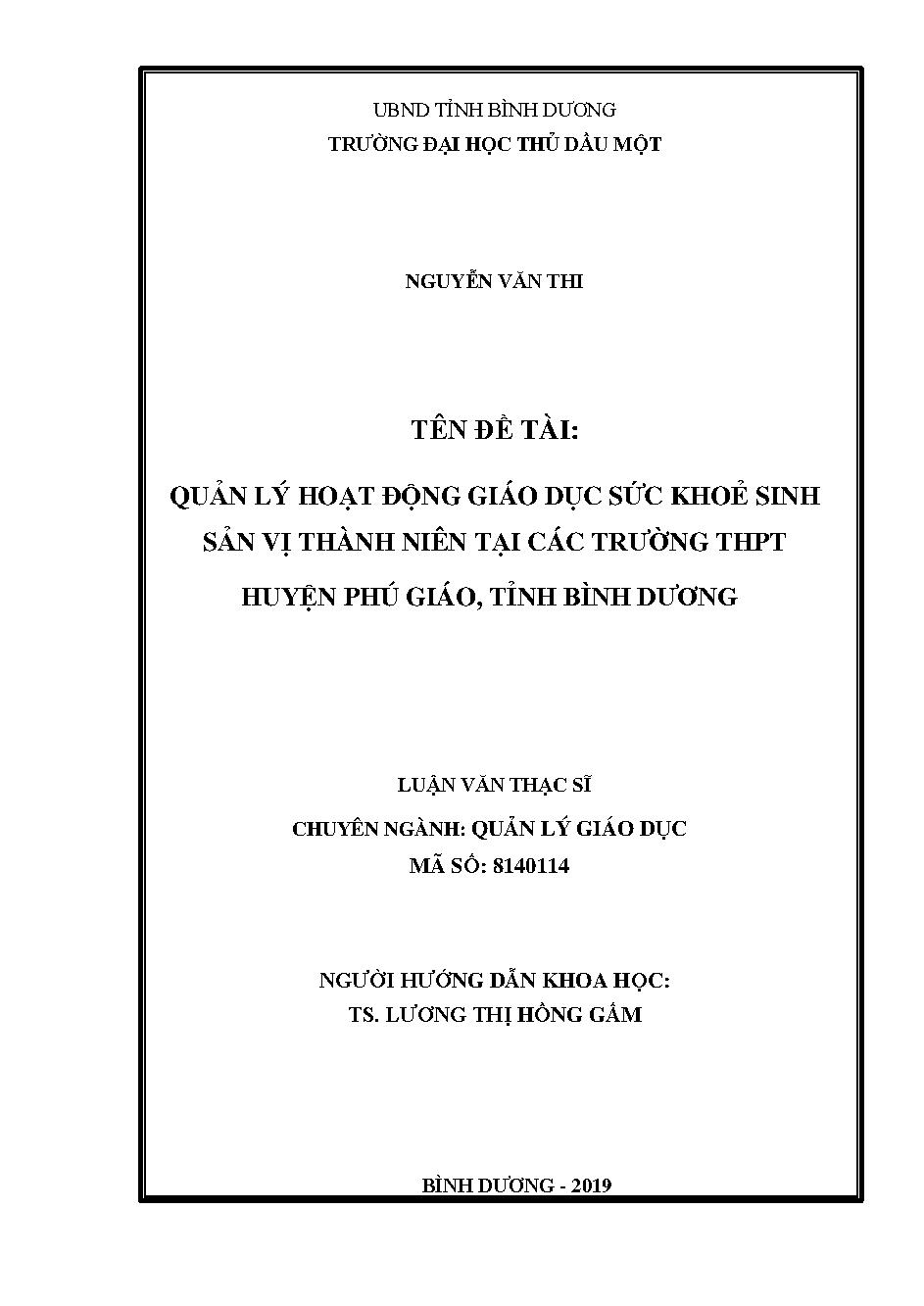 Quản lý hoạt động giáo dục sức khỏe sinh sản vị thành niên tại các trường THPT huyện Phú Giáo, tỉnh Bình Dương