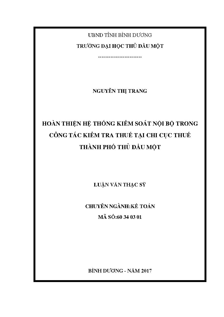 Hoàn thiện hệ thống kiểm soát nội bộ trong công tác kiểm tra thuế tại chi cục thuế thành phố Thủ Dầu Một