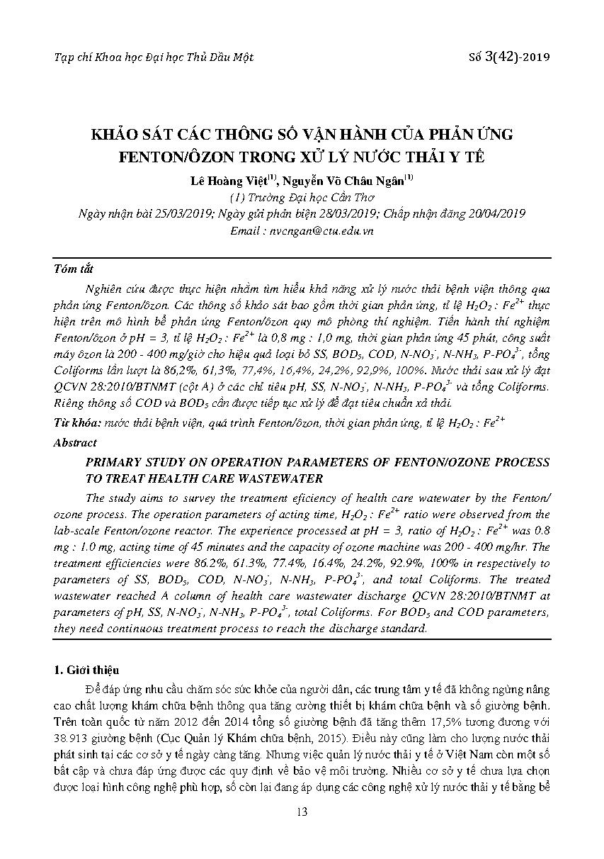 Khảo sát các thông số vận hành của phản ứng Fenton/ôzon trong xử lý nước thải y tế