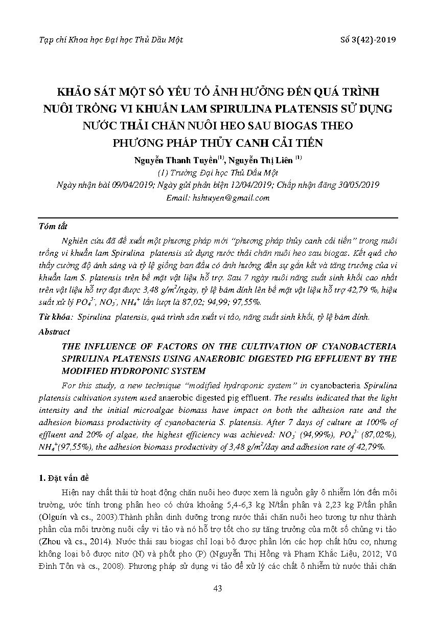 Khảo sát một số yếu tố ảnh hưởng đến quá trình nuôi trồng vi khuẩn lam Spirulina platensis sử dụng nước thải chăn nuôi heo sau  Biogas theo phương pháp thủy canh cải tiến