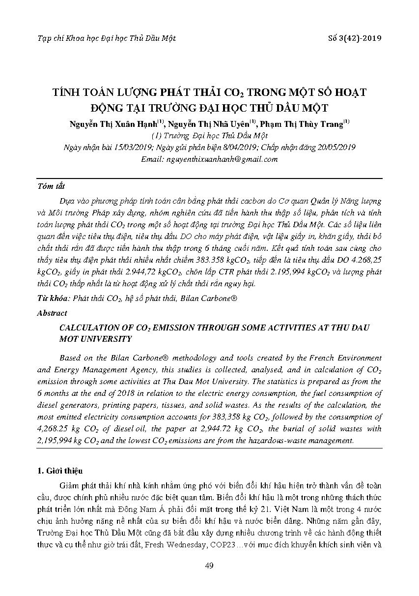 Tính toán lượng phát thải CO2 trong một số hoạt động tại trường Đại học Thủ Dầu Một