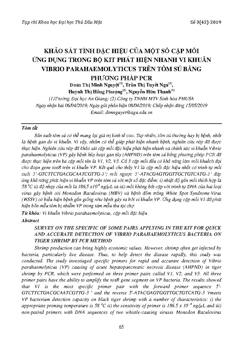 Khảo sát tính đặc hiệu của một số cặp mồi ứng dụng trong bộ kit phát hiện nhanh vi khuẩn parahaemolyticus trên tôm sú bằng phương pháp PCR