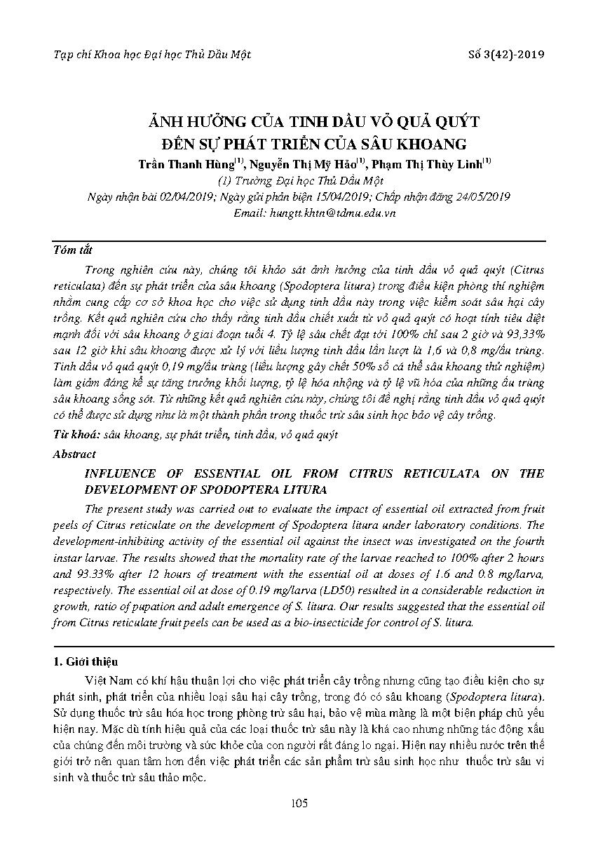 Ảnh hưởng của tinh dầu vỏ quả quýt đến sự phát triển của sâu khoan