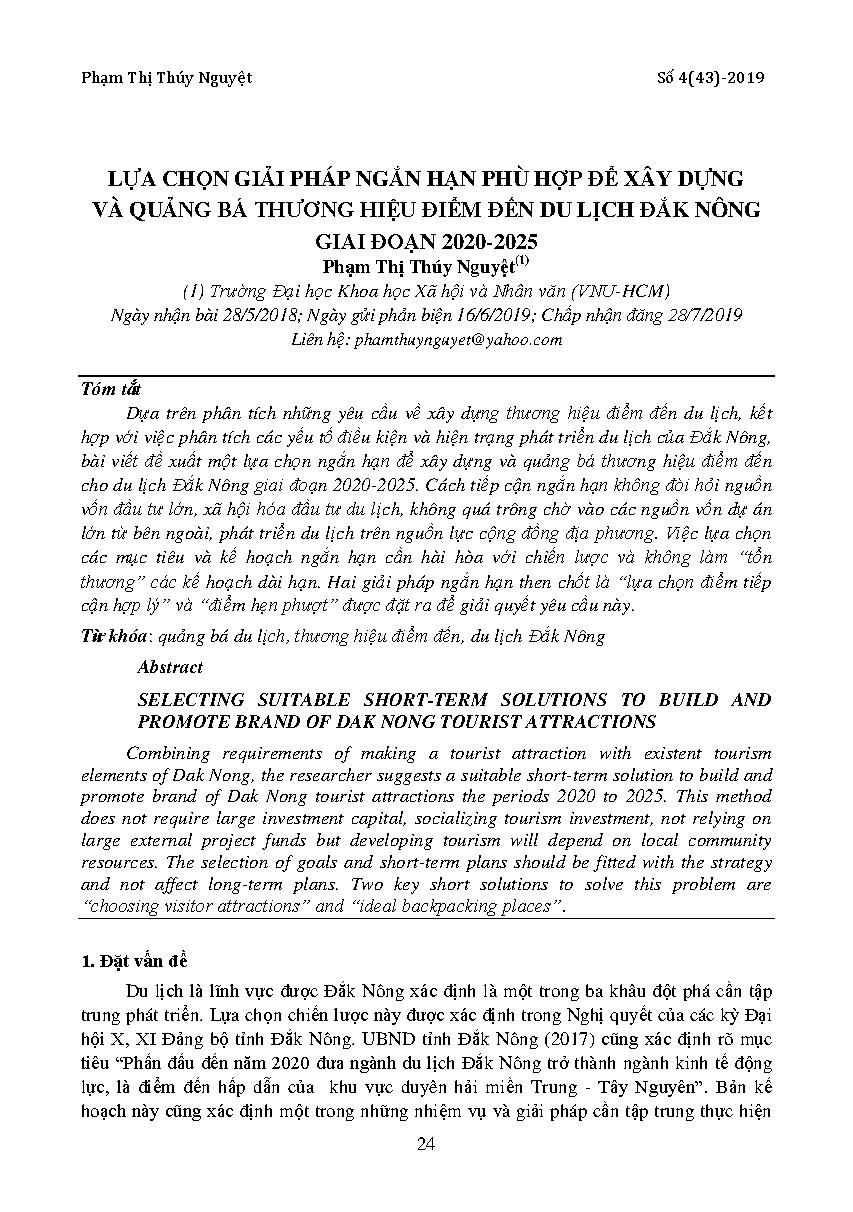 Lựa chọn giải pháp ngắn hạn phù hợp để xây dựng và quảng bá thương hiệu điểm đến du lịch Đắk Nông giai đoạn 2020 - 2025