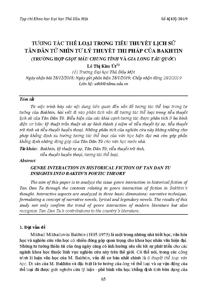 Tương tác thể loại trong tiểu thuyết lịch sử Tân Dân Tử nhìn từ lý thuyết thi pháp của Bakhtin (Trường hợp giọt máu chung tình và Gia Long Tẩu Quốc)