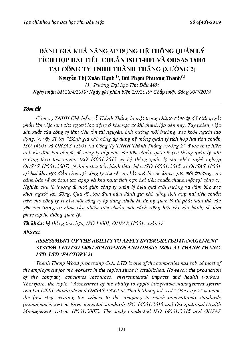 Đánh giá khả năng áp dụng hệ thống quản lý tích hợp hai tiêu chuẩn Iso 14001 VÀ OHSAS 18001 tại công ty TNHH Thành Thắng (Xưởng 2)