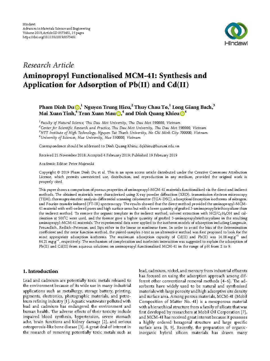 Aminopropyl Functionalised MCM-41: Synthesis and Application for Adsorption of Pb(II) and Cd(II)