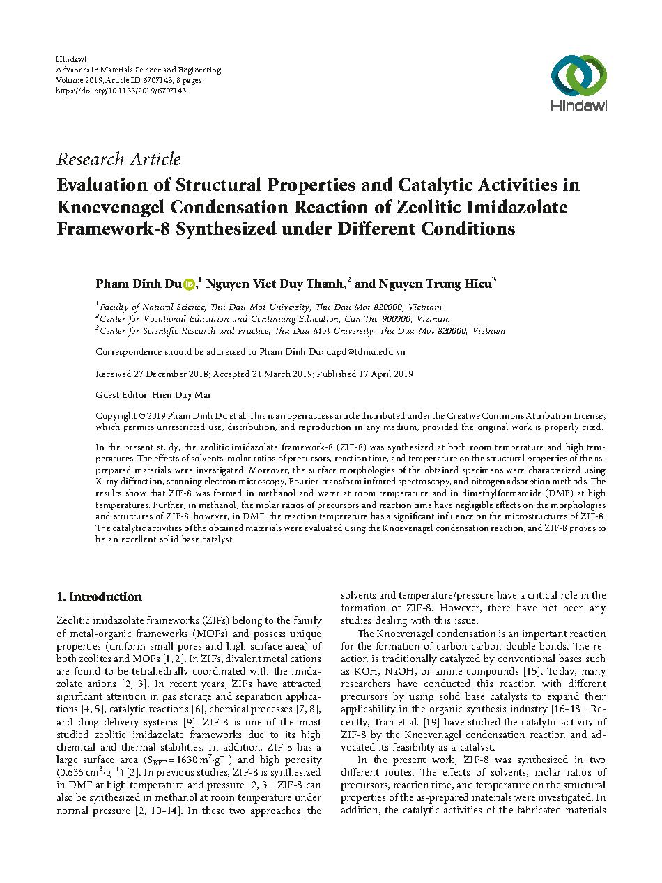 Evaluation of Structural Properties and Catalytic Activities in Knoevenagel Condensation Reaction of Zeolitic Imidazolate Framework-8 Synthesized under Different Conditions