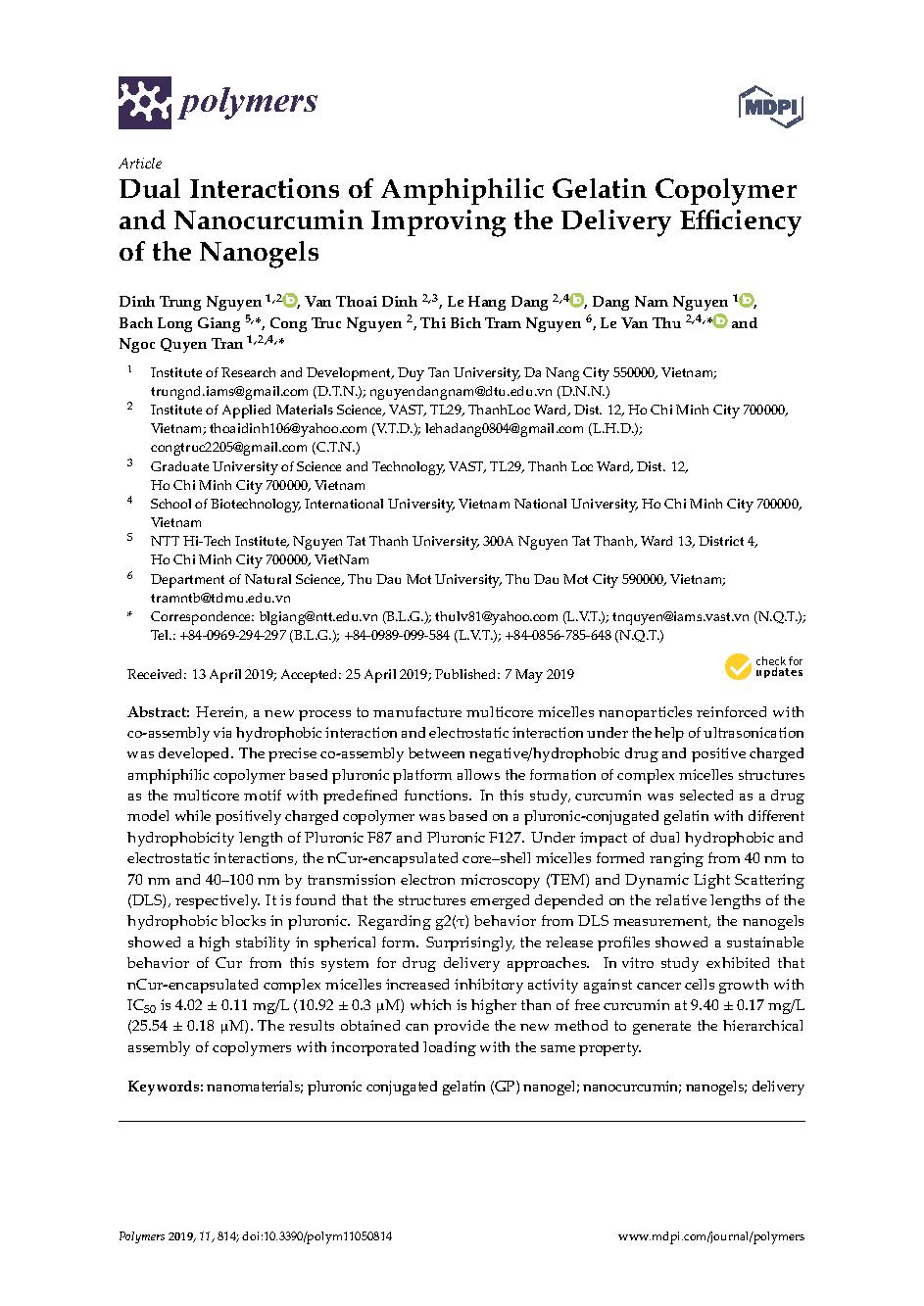 Dual Interactions of Amphiphilic Gelatin Copolymer and Nanocurcumin Improving the Delivery Eï¬ƒciency of the Nanogels