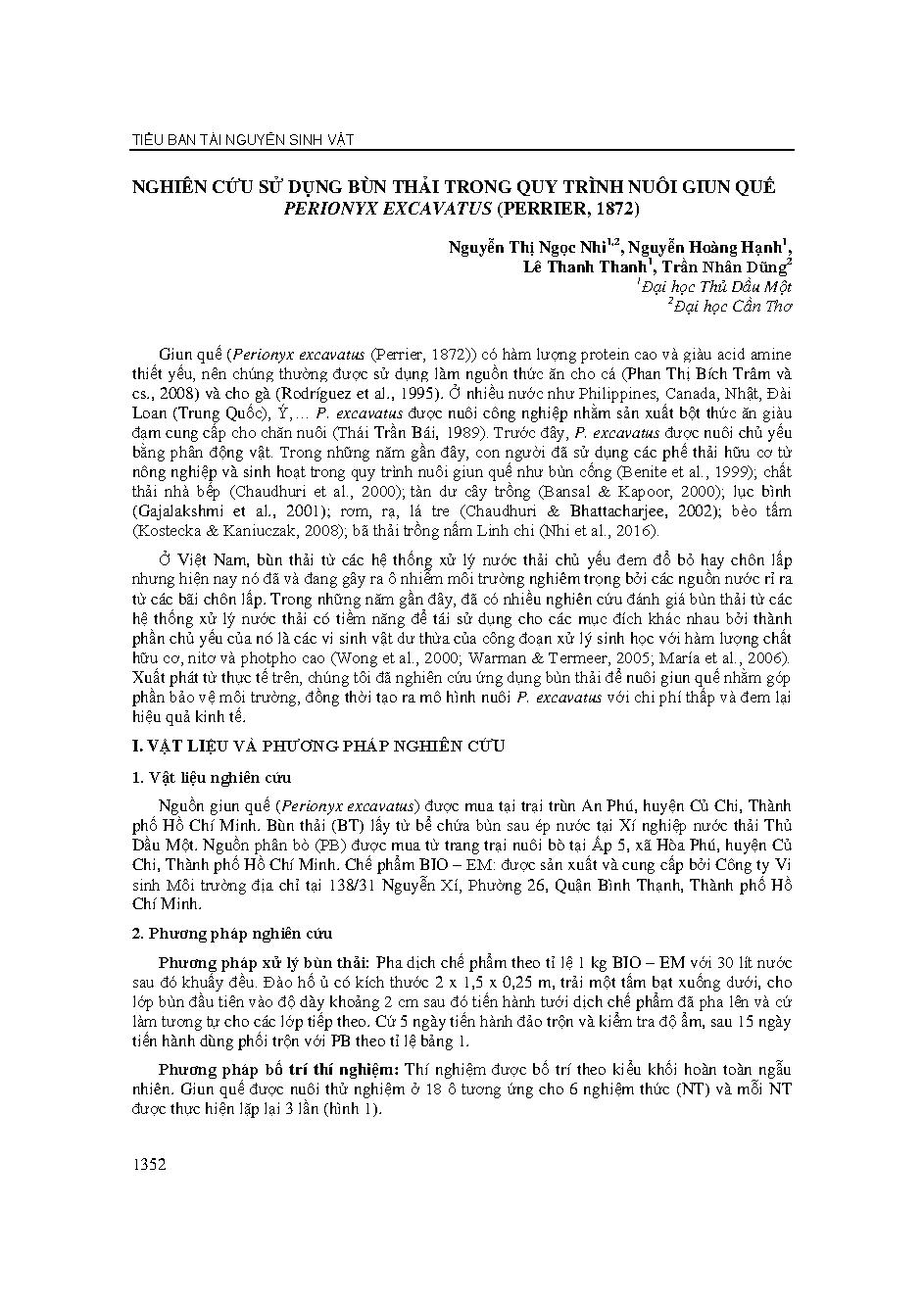 Nghiên cứu sử dụng bùn thải trong quy trình nuôi giun quế Perionyx excavatus (Perrier, 1872)