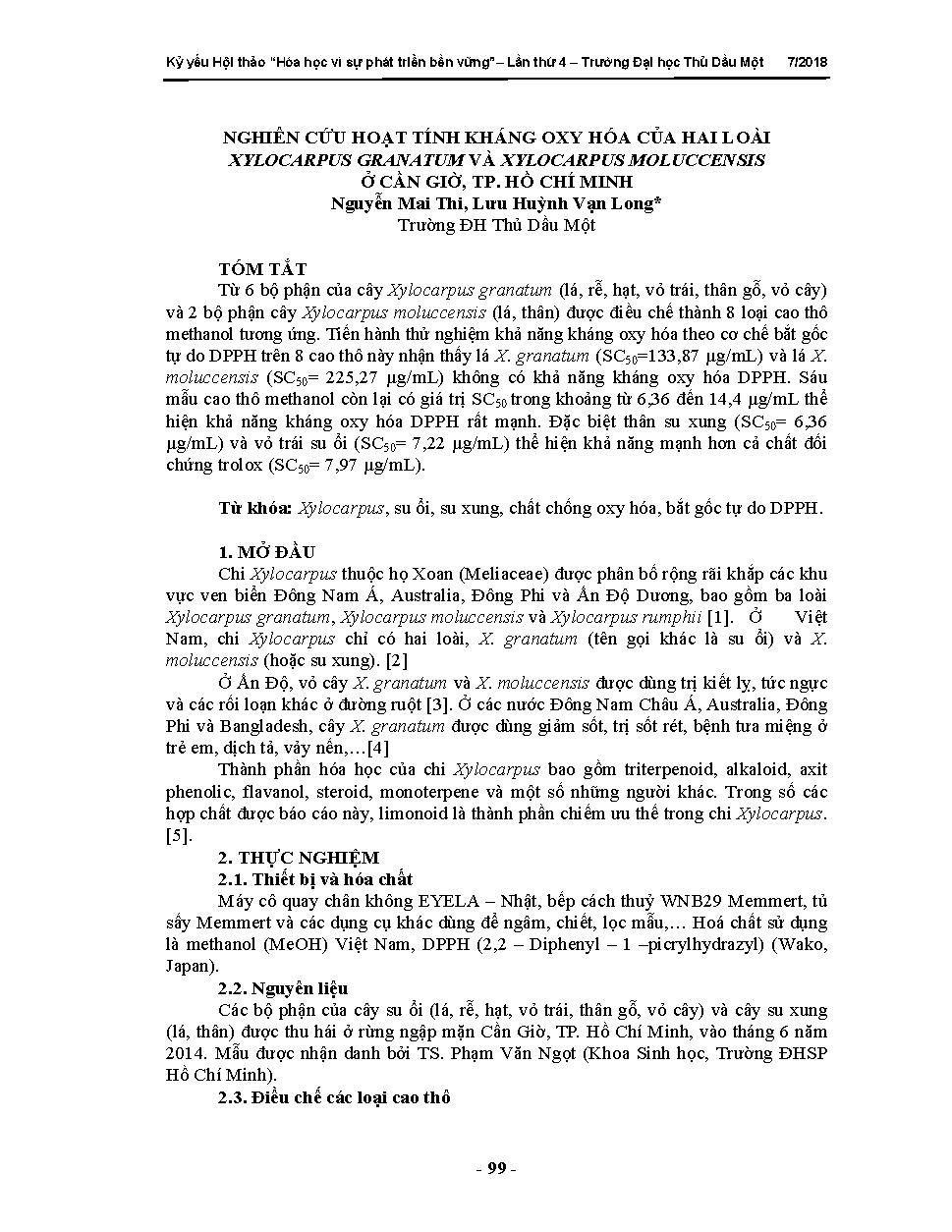 Nghiên cứu hoạt tính kháng oxy hóa của hai loài Xylocarpus granatum và Xylocarpus moluccensis ở Cần Giờ, tp. Hồ Chí Minh