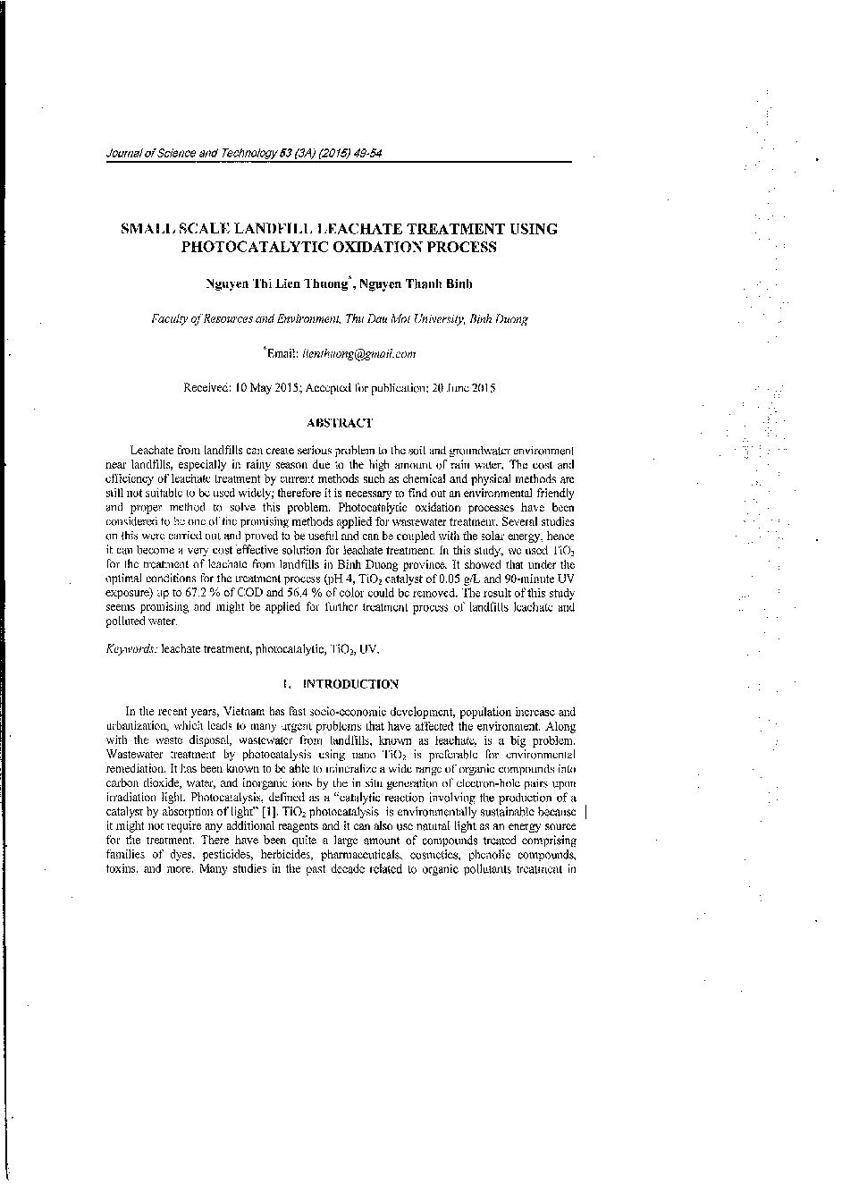 Small scale landfill leachate treatment using photocatalytic oxidation process