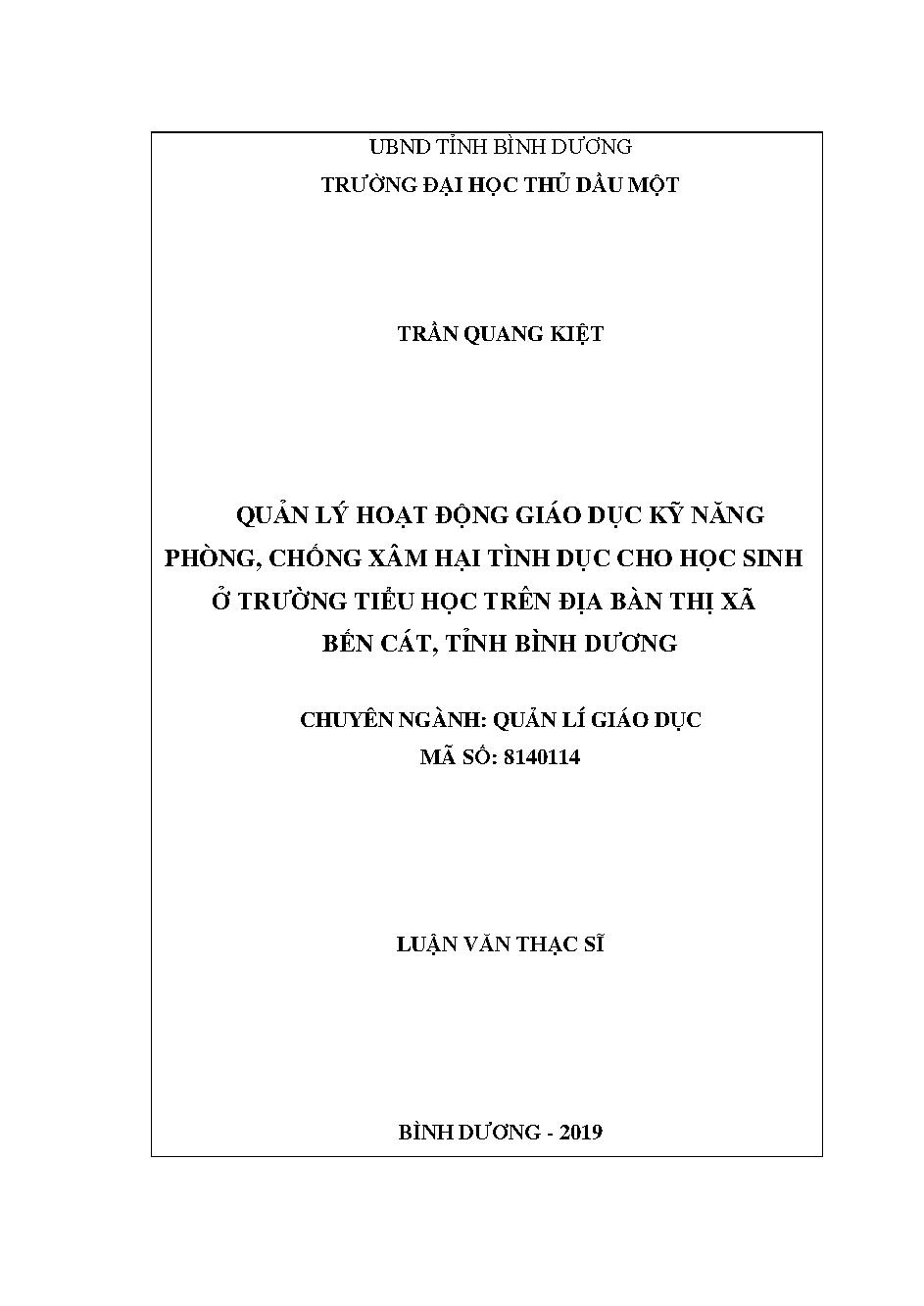 Quản hoạt động giáo dục kỹ năng phòng, chống xâm hại tình dục cho học sinh ở trường tiểu học trên địa bàn thị xã Bến Cát, tỉnh Bình Dương