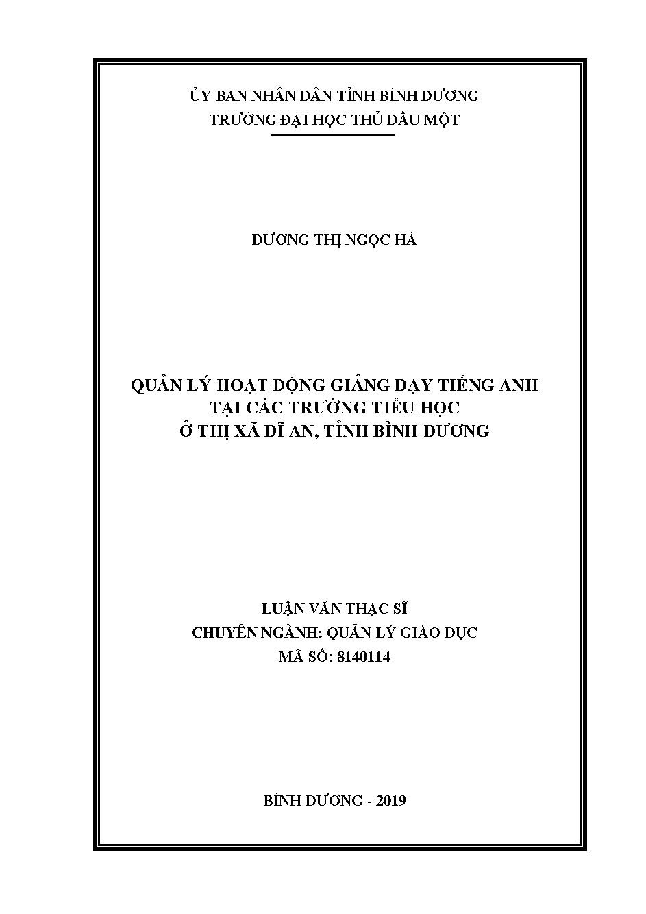 Quản lý hoạt động giảng dạy tiếng anh tại các trường tiểu học ở thị xã Dĩ An, tỉnh Bình Dương