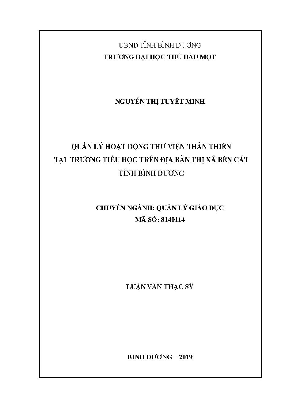 Quản lý hoạt động thư viện thân thiện tại trường tiểu học trên địa bàn thị xã Bến Cát tỉnh Bình Dương