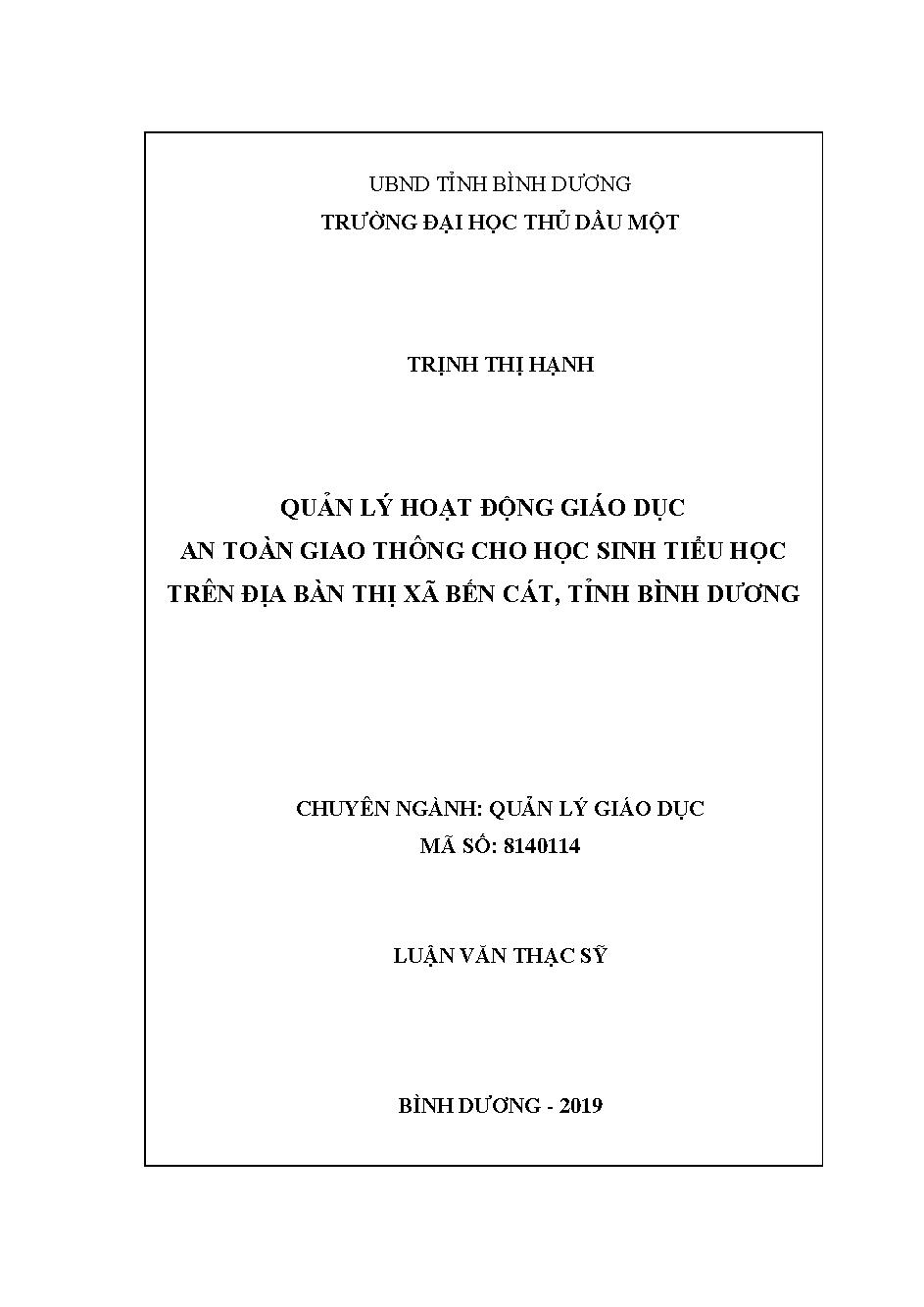 Quản lý hoạt động giáo dục an toàn giao thông cho học sinh tiểu học trên địa bàn thị xã Bến Cát, tỉnh Bình Dương