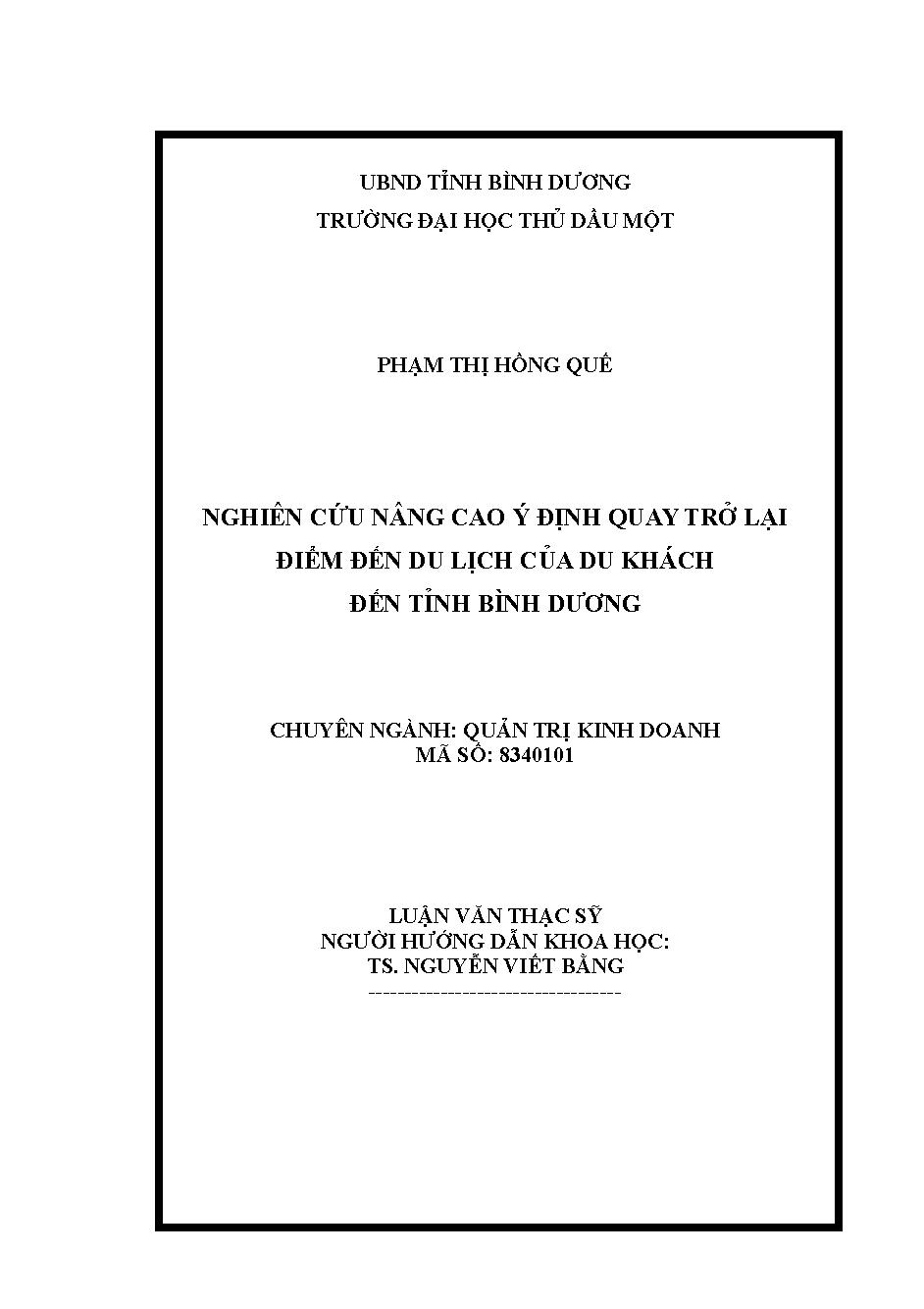 Nghiên cứu nâng cao ý định quay trở lại điểm đến du lịch của du khách đến tỉnh Bình Dương