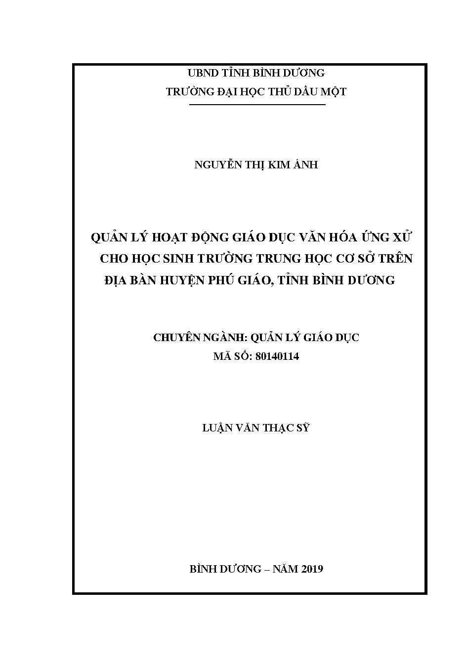 Quản lý hoạt động giáo dục văn hóa ứng xử cho học sinh trường trung học cơ sở trên địa bàn huyện Phú Giáo, tỉnh Bình Dương