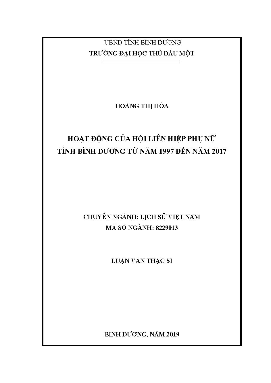 Hoạt động của hội liên hiệp phụ nữ tỉnh Bình Dương từ năm 1997 đến năm 2017