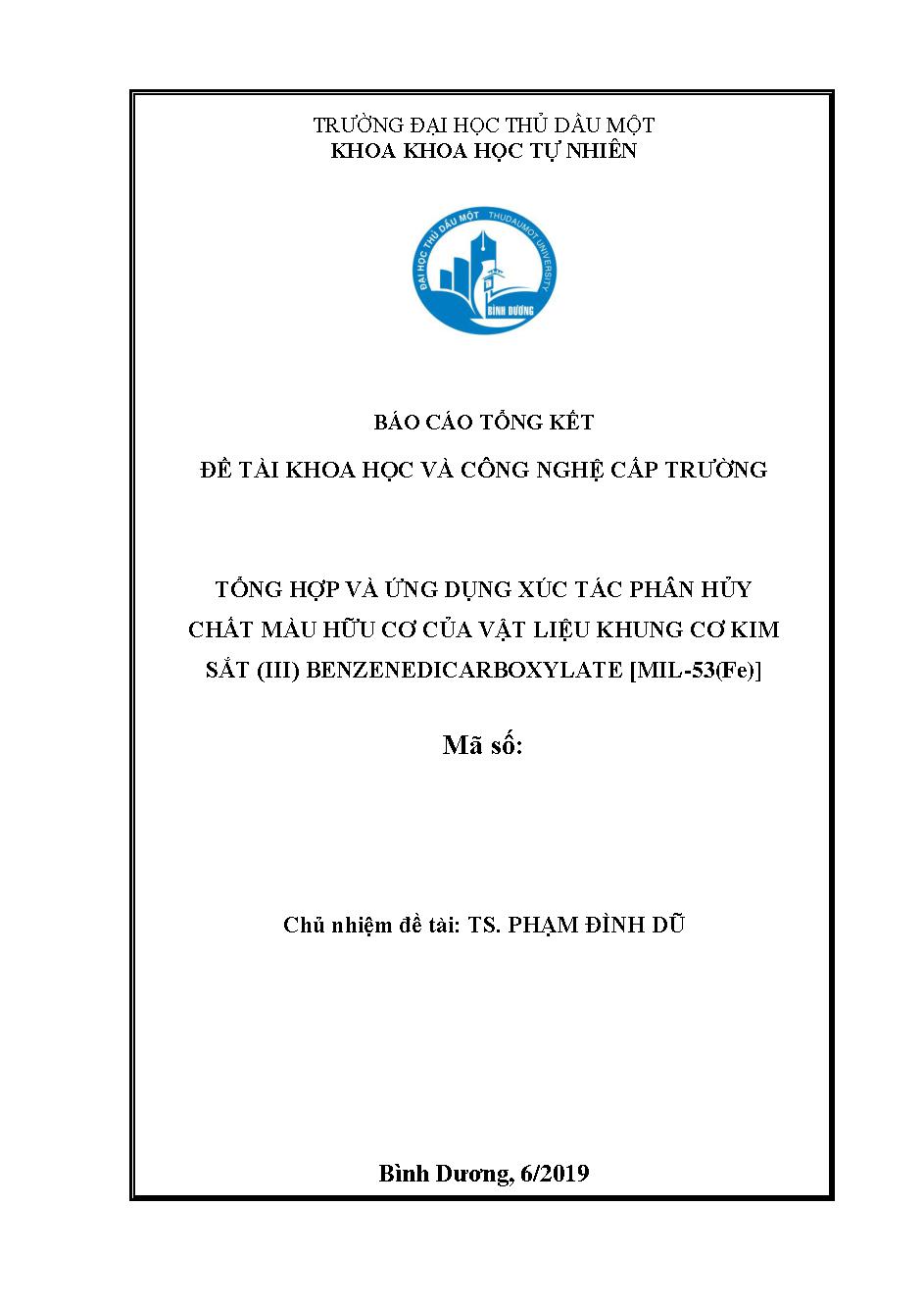 Tổng hợp và ứng dụng xúc tác phân hủy chất màu hữu cơ của vật liệu khung cơ kim sắt (III) Benzenedicarboxylate [MIL-53(Fe)]