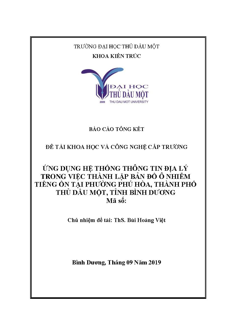 Ứng dụng hệ thống thông tin địa lý trong việc thành lập bản đồ ô nhiễm tiếng ồn tại phường Phú Hòa, thành phố Thủ Dầu Một, tỉnh Bình Dương