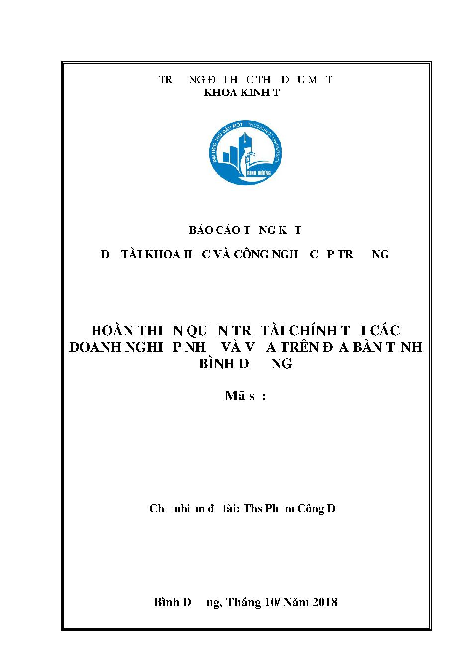 Hoàn thiện quản trị tài chính tại các doanh nghiệp nhỏ và vừa trên địa bàn tỉnh Bình Dương