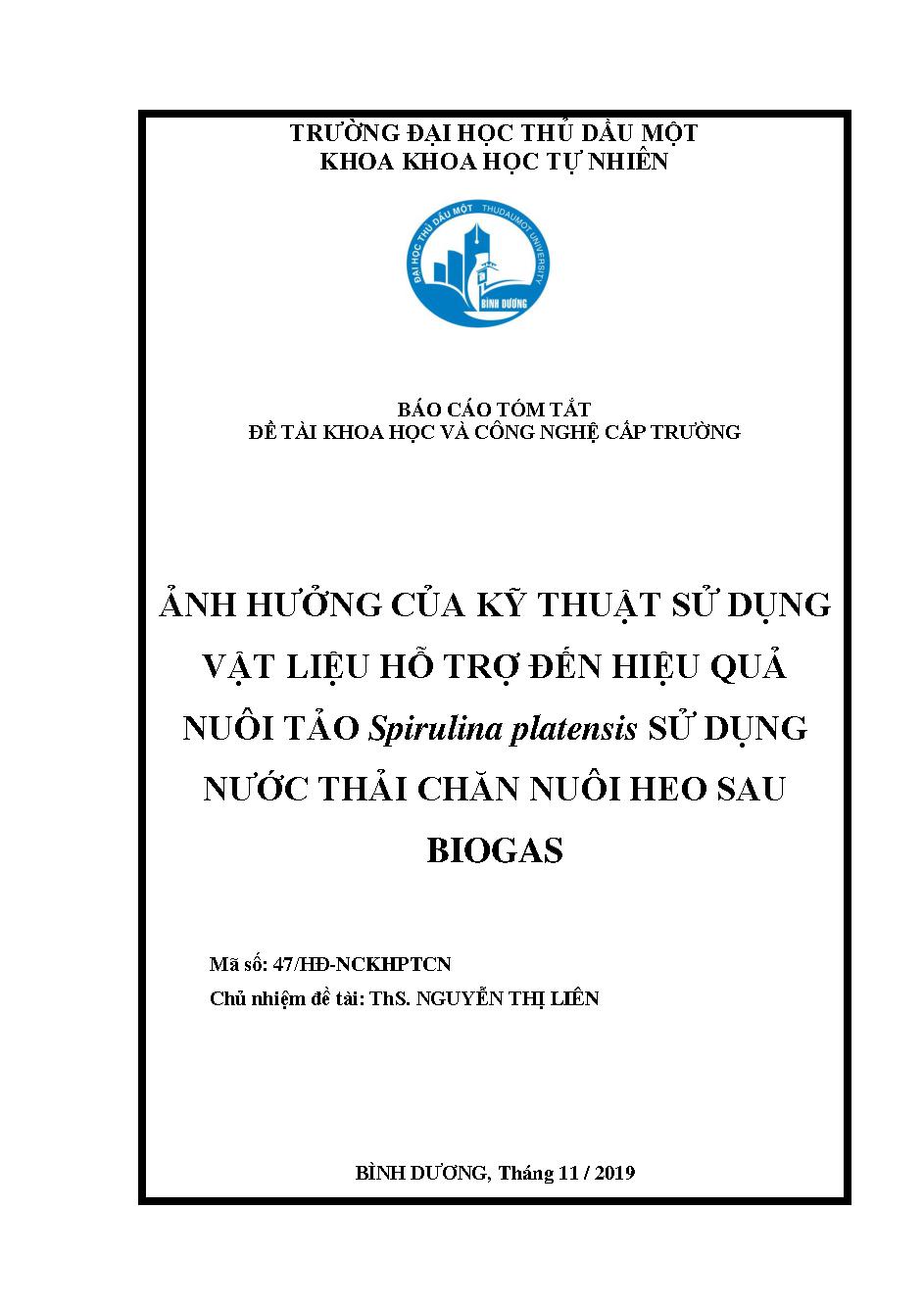 Ảnh hưởng của kỹ thuật sử dụng vật liệu hỗ trợ đến hiệu quả nuôi tảo Spirulina platensis sử dụng nước thải chăn nuôi heo sau biogas