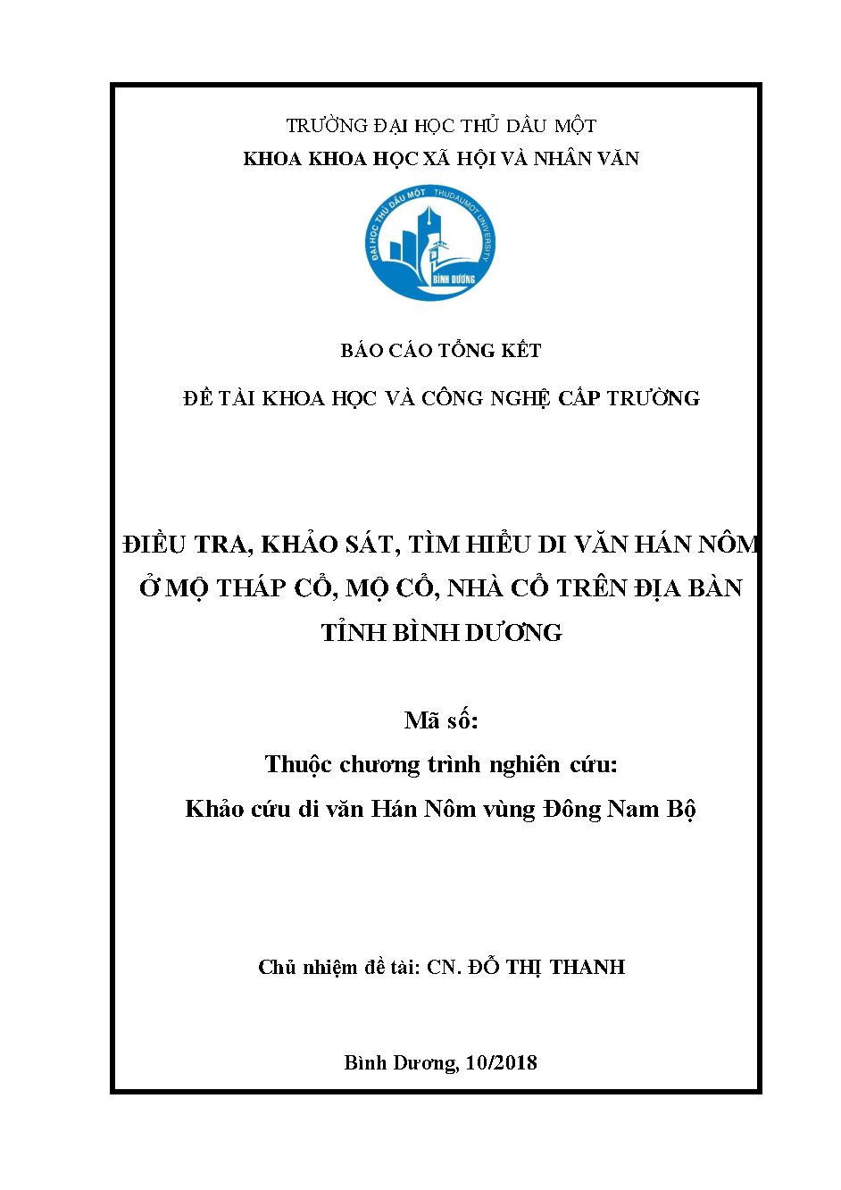 Điều tra, khảo sát, tìm hiểu di văn Hán Nôm ở mộ tháp cổ, mộ cổ, nhà cổ trên địa bàn tỉnh Bình Dương