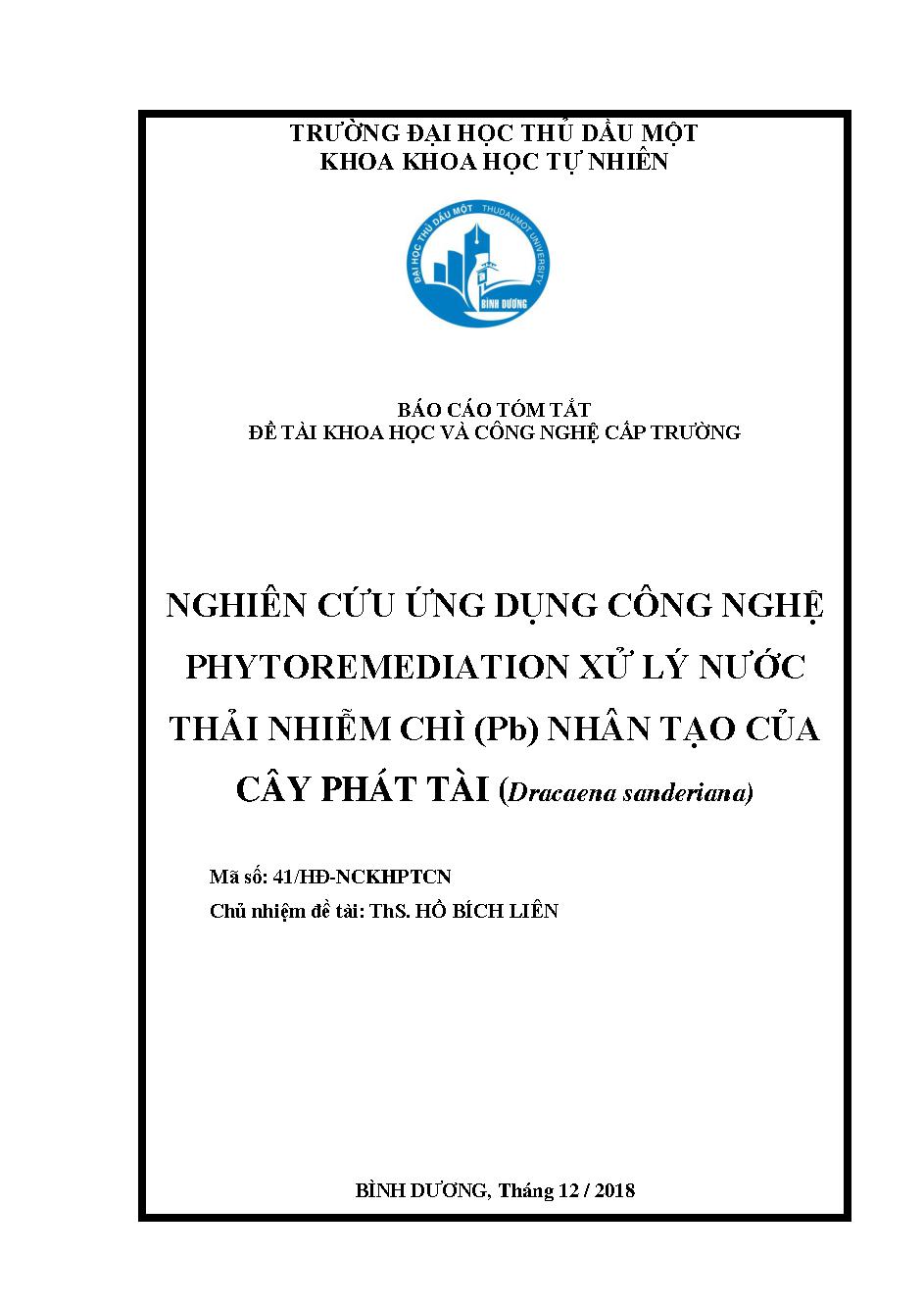 Nghiên cứu ứng dụng công nghệ phytoremediation xử lý nước thải nhiễm chì (Pb) nhân tạo của cây phát tài (Dracaena sanderiana)