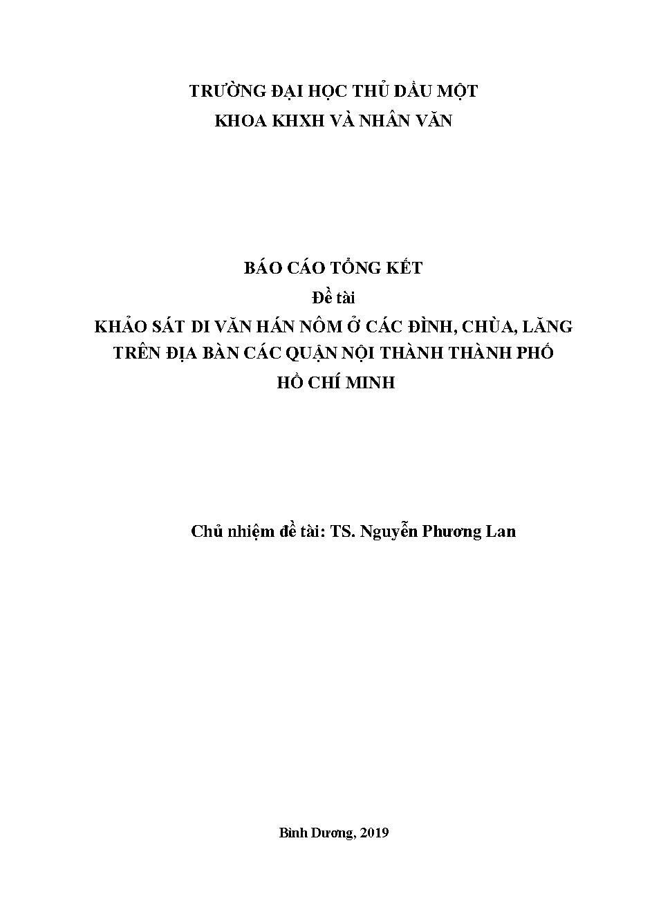 Điều tra, khảo sát, tìm hiểu di văn Hán Nôm ở đình, chùa, miếu trên địa bàn thành Thành phố Hồ Chí Minh