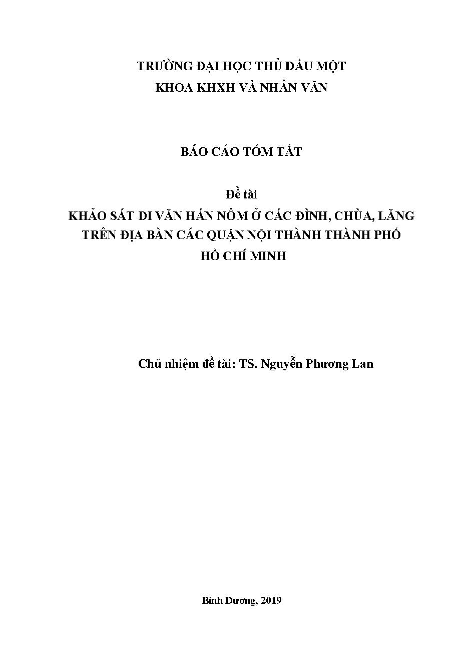 Điều tra, khảo sát, tìm hiểu di văn Hán Nôm ở đình, chùa, miếu trên địa bàn thành Thành phố Hồ Chí Minh