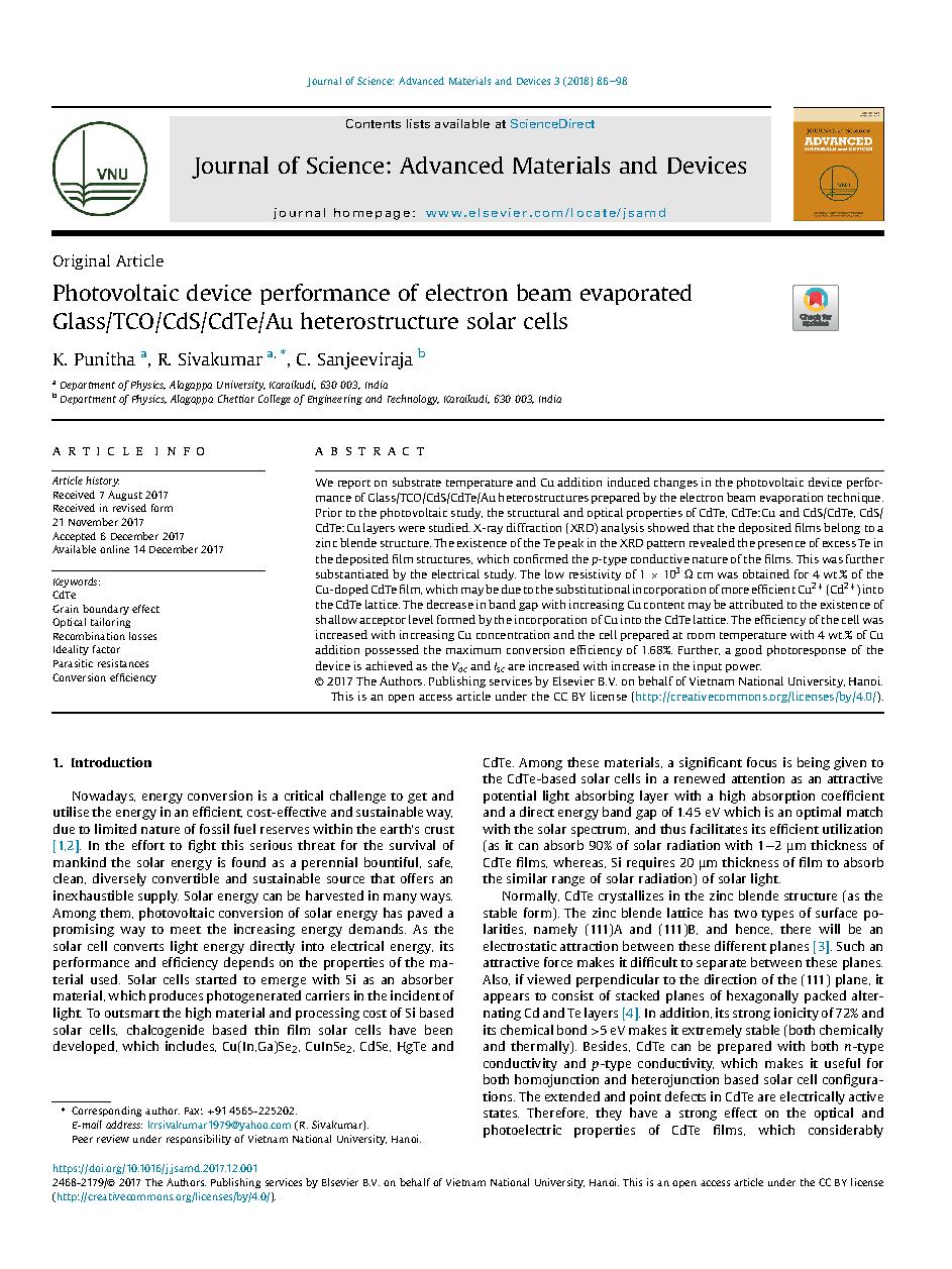 Photovoltaic device performance of electron beam evaporated Glass/TCO/CdS/CdTe/Au heterostructure solar cells