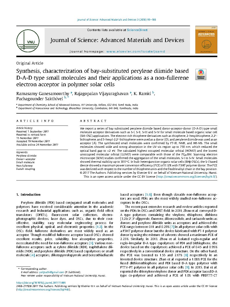 Synthesis, characterization of bay-substituted perylene diimide based D-A-D type small molecules and their applications as a non-fullerene electron acceptor in polymer solar cells